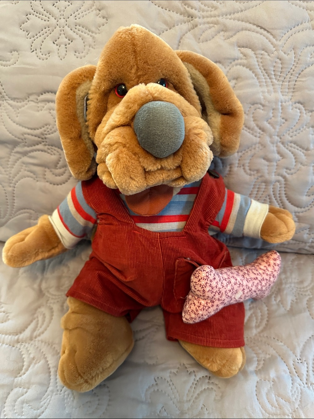 Plush Puppy in Red Overalls with Striped Shirt